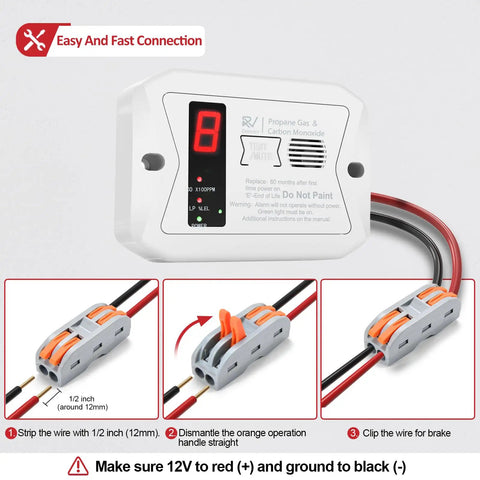 RV Dual CO And Propane Alarm Hardwired 12V DC Detector with Three Brackets, lever-nut quick-connect plug shown for wiring convenience.