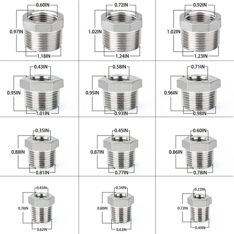TAISHER 24-piece stainless steel reducer hex bushing fittings kit, 304 SS pipe adapters