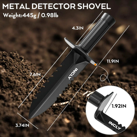 Heavy Duty Metal Detector Shovel With Double Serrated Edge Belt Mount Sheath Detecting And Digging Tool with dimensions