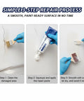 3-step repair process using All-In-One Drywall Repair Kit With Scraper And Fast-Dry Paste for cracks and dents on wall surface.