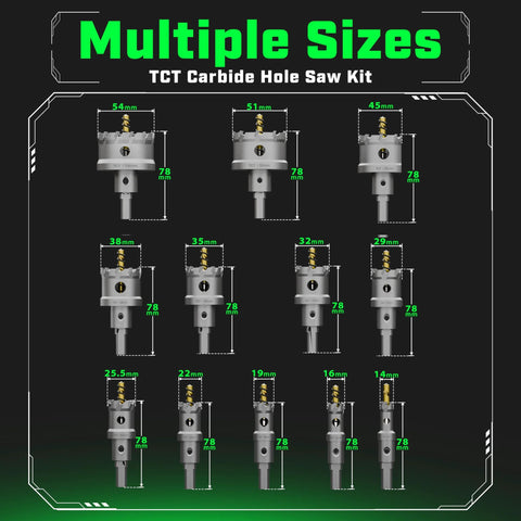 Tungsten carbide hole saw kit, 22 pcs with assorted diameters 9/16 to 2-1/8 inches for metal and wood