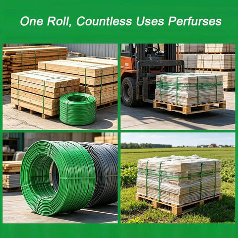Various uses of Heavy Duty Polyester PET Strapping Rolls for Packaging and Bundling displayed with pallets and bundles on site.
