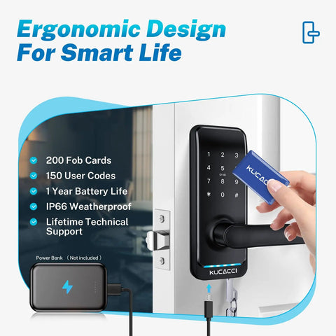 Smart Door Lock With Keypad And Keyless Entry IP66 Weatherproof shown with person holding keycard.