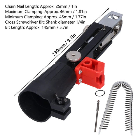Automatic Chain Nail Gun Adapter with measurements shown, designed for cordless drills and woodworking projects.