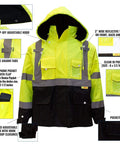Hi Viz Safety Bomber Jacket With Detachable Sleeves For Work, ANSI Class 3 High Visibility, Lime, Large, showing detailed features.