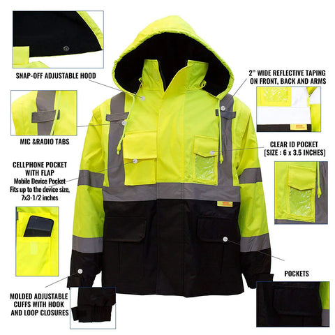 Hi Viz Safety Bomber Jacket With Detachable Sleeves For Work, ANSI Class 3 High Visibility, Lime, Large, showing detailed features.