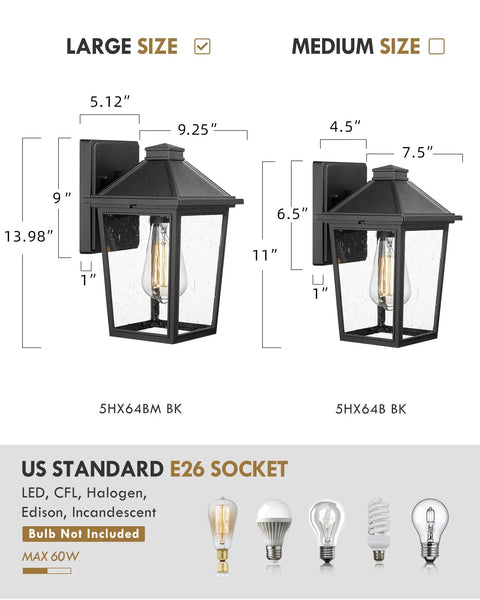 Outdoor Wall Sconce Lantern For Porch And Garage, Seeded Glass Shade Exterior Lighting shown in large and medium sizes