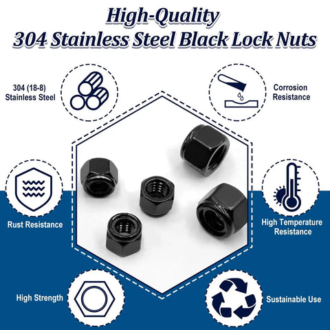 110 Pack Black Nylon Insert Lock Nuts Set For Inch Threaded Hardware SAE Nylock Nut Assortment Including 304 Stainless Steel