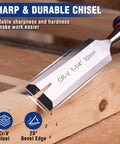 True Workhorse 10 Piece Bevel Edge Wood Chisel Set For Fine Cabinetry And Precision Carving Featuring Tough CRV Steel Blades close-up of chisel on wood