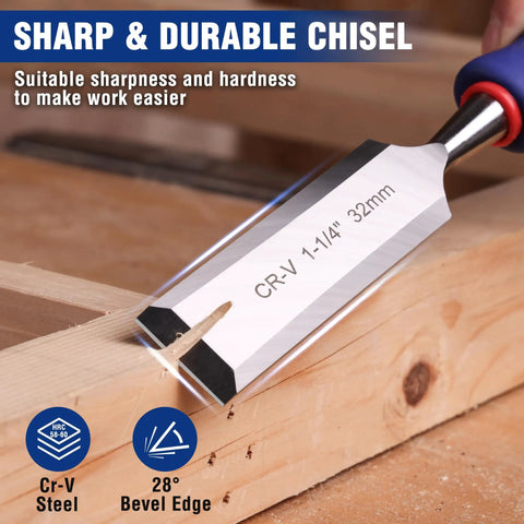 True Workhorse 10 Piece Bevel Edge Wood Chisel Set For Fine Cabinetry And Precision Carving Featuring Tough CRV Steel Blades close-up of chisel on wood