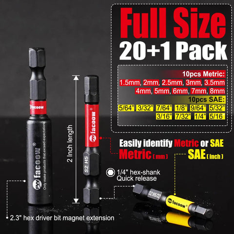 21 Piece Pro Grade Impact Hex Bit Set For Tools With 2 Inch Long SAE And Metric S2 Tool Steel Allen Wrench Bits Magnetic Tips CNC Machined One Quarter Inch Hex Shank Bits Shown with Product Details