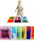 Child standing on Liquid Sensory Floor Tiles Set 11.8 Inch Square Multicolor For Kids Interactive Sensory Play With Floating Objects And Colorful Liquid Swirls No Installation Needed Six Tile Pack