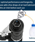 Heavy Duty Right Angle Air Die Grinder Delivers 20K RPM Torque With 22 Pc Roll Lock Sanding Disc Bundle For Knockout Tight Space Metal Job Smooth As Butter, air inlet with lubricant being added.