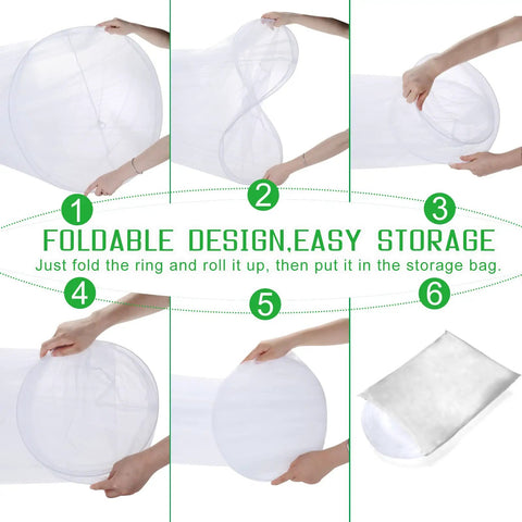 Mosquito Net Bed Canopy for Kids and Adults, White Dome Ceiling Hung Mesh Tent being folded for easy storage in a white bag.