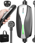 Portable Level 1 And 2 Tesla Charger With ETL Certification, NACS EV Charging Cable in hand, showing plug and LED indicator.