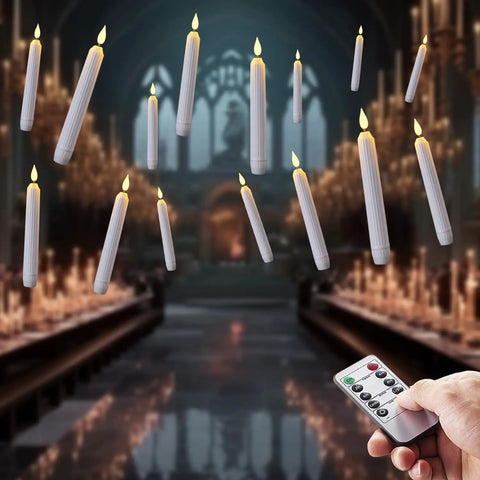 Flameless Flickering LED Taper Candles 7 Inch Ivory Plastic Roman Column, remote control in a gothic hall