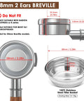 58mm Bottomless Portafilter for Breville, stainless steel filter basket, dimensions shown, designed for espresso brewing.
