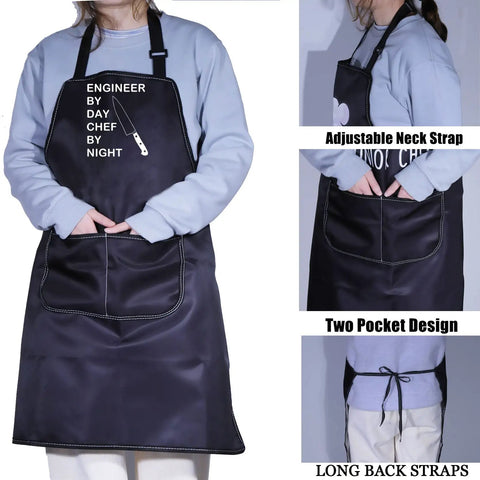 Person wearing Funny Engineer Kitchen Apron Gift For Gearheads Engineer By Day Chef By Night Theme Apron Waterproof With Adjustable Neck Strap 28x26 Inch Cooking Apron For Home Cooks And Cooking Lovers