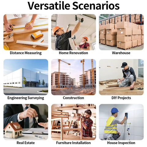 10 In 1 Stud Finder And Wall Scanner With Laser Tape Measure And Digital Level For DIY Renovations, Heavy Duty Wall Scanning, Precise Stud Detection, 131ft Laser Range, And Quick Leveling All In One Handy Tool shown in versatile use cases