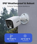 Side view of a mounted bullet camera under rain, part of the 8 Channel 3K Lite Wired Security Camera System With H265 DVR AI Human And Vehicle Detection Four 1080p Bullet Cams Dope Color Night Vision For Outdoor Surveillance IP67 Weatherproof No Hard Drive Included.