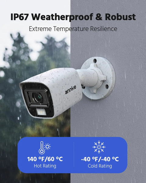 Side view of a mounted bullet camera under rain, part of the 8 Channel 3K Lite Wired Security Camera System With H265 DVR AI Human And Vehicle Detection Four 1080p Bullet Cams Dope Color Night Vision For Outdoor Surveillance IP67 Weatherproof No Hard Drive Included.