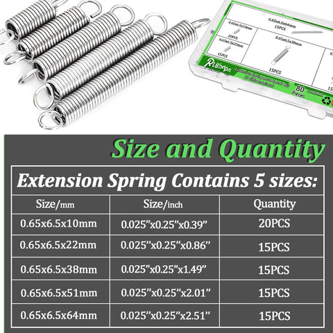 80 Piece Extension Spring Kit With Five Size Varieties Zinc Plated 0.025 Inch Wire Diameter and Storage Box