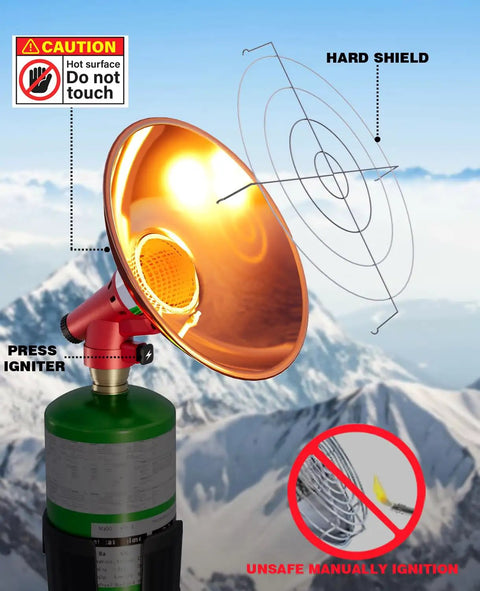 Heavy Duty Golf Cart Heater With Adjustable Cylinder Holder, 5500 BTU Outdoor Heater, shown on snowy mountain backdrop