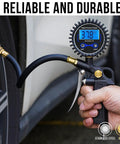 Person using Digital Tire Pressure Gauge With Inflator 3 To 250 PSI Kit on car tire, showing PSI reading