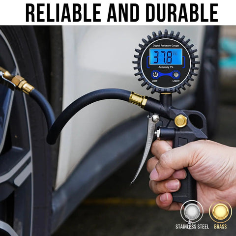 Person using Digital Tire Pressure Gauge With Inflator 3 To 250 PSI Kit on car tire, showing PSI reading