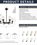 Black Farmhouse Chandelier With Six Clear Glass Shades Hanging Over Dining Table featuring adjustable height and sturdy metal frame.