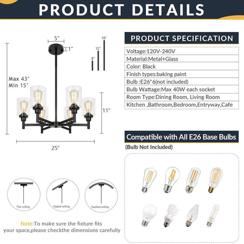 Black Farmhouse Chandelier With Six Clear Glass Shades Hanging Over Dining Table featuring adjustable height and sturdy metal frame.