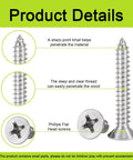Size 4 Wood Screws Assortment Kit 500 Piece Flat Head 304 Stainless Steel Fasteners For Woodworking And Home Projects showing sharp tips and clear threads.
