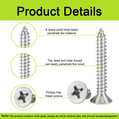 Size 4 Wood Screws Assortment Kit 500 Piece Flat Head 304 Stainless Steel Fasteners For Woodworking And Home Projects showing sharp tips and clear threads.