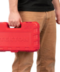 Person holding red case of Half Inch Drive Deep Impact Socket Set With Case, 14-Piece Metric 27-39mm, for axle nuts