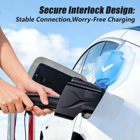Close-up of Heavy Duty 2 In 1 NACS To CCS1 And J1772 Charging Adapter Plug N Play For Non Tesla EVs connecting to vehicle.