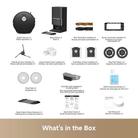Contents of the box including smart robot vacuum, mop pads, dust bags, brushes, and base station.