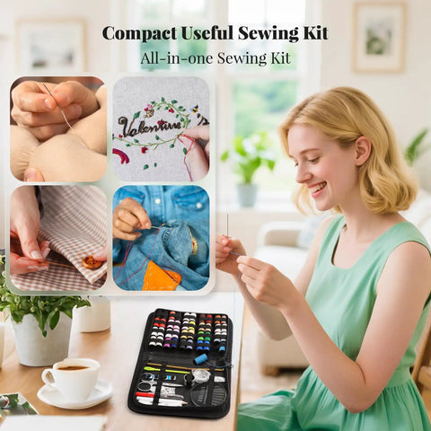 All In One Sewing Kit For On The Go Quick Fixes And DIY Repairs, Handy Organizer With Scissors, Thread, Needles, and Pins, Black Large