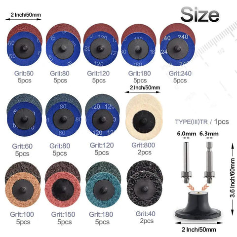 60 Piece Sanding Discs Set For Die Grinder 2 Inch Quick Change Discs With Quarter Inch Shank Holder Pro Grade For DIYers showing disc types and grits