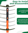 8 Piece Pick Mattock Hoe Set, 15 Inch Heavy Duty Forged Garden Pick Axe With Rubber Non Slip Handle, assembly instructions visible.