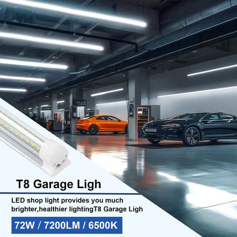 10 Pack LED Shop Light 8 Foot T8 72W 7200 Lumens Daylight White 6500K V Shape high output clear cover in garage setting