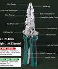 All In One Foldable Wire Stripper With Voltage Tester For Electricians showing tool features and size 9.4 inches, 0.57 pounds.