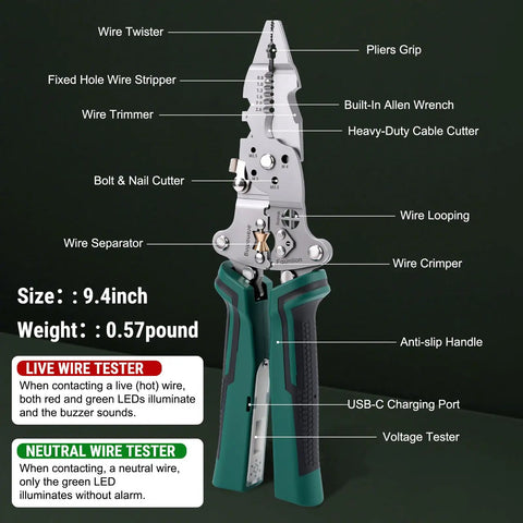 Foldable Wire Stripper And 14 In 1 Tester Kit With Voltage Detector Pro Grade Electrician Pliers showing tool features