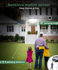 Family approaches home illuminated by Solar Security Light With Motion Sensor Rechargeable 2400mAh Battery Delivers 1600 Lumen Flood Light IP65 Weatherproof Outdoor Lighting For Garage Yard Porch Entryway Energy Saving No Fuss Install, showing 180° sensing