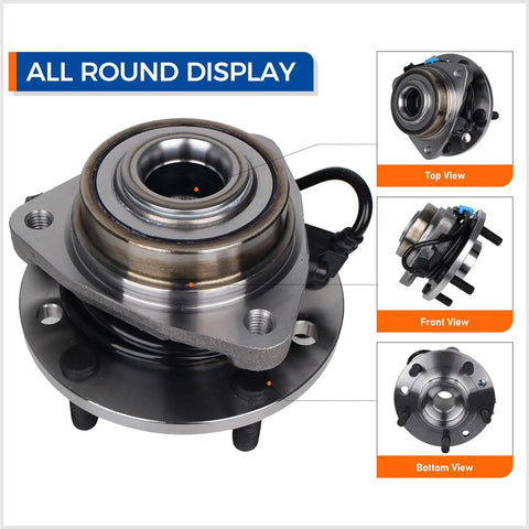 Front Wheel Hub Bearing Assembly 4WD With ABS 5 Lug Replacement For Chevy Blazer S10 GMC Jimmy Sonoma Isuzu Hombre And Oldsmobile Bravada Heavy Duty Front Hub Kit For Reliable ABS And Smooth Rides On GM SUVs shown in all round display; top, front, and bottom views visible.