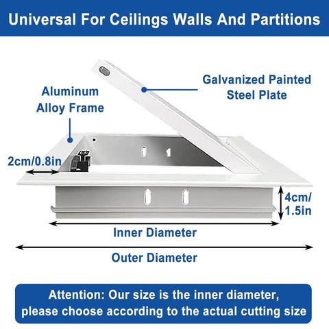 Heavy Duty Fire Rated Drywall Access Panel For Smooth Swing Plumbing And Maintenance Walls Hella Sturdy Galvanized Steel Frame Quick Click Latch White Concealed Hatch Door Cover 30 By 30 Inch shown with aluminum alloy frame design.