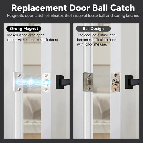 Comparison of 4 Pack Strong Magnetic Door Catch Set For Closet And French Doors Hidden Magnetic Ball Catch Latch Hardware with traditional ball latch.