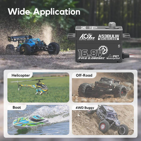 Beefy 34Kgcm High Torque RC Steering Servo in use with various vehicles, showcasing waterproof low-profile and 180-degree control capabilities.