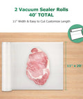 Vacuum Sealer Bags Rolls 2 Pack 11 Inch By 20 Foot Heavy Duty Storage Bags For Freezer And Sous Vide BPA Free Commercial Grade Keeps It Fresh And Ready Fits All Vacuum Sealers with meat inside, shown flat with measurements.