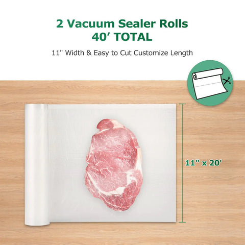 Vacuum Sealer Bags Rolls 2 Pack 11 Inch By 20 Foot Heavy Duty Storage Bags For Freezer And Sous Vide BPA Free Commercial Grade Keeps It Fresh And Ready Fits All Vacuum Sealers with meat inside, shown flat with measurements.