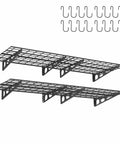 Beefy Heavy Duty Garage Wall Shelves Set, metal storage racks with hooks, two 2x6 ft floating shelves, black steel, wall mounted